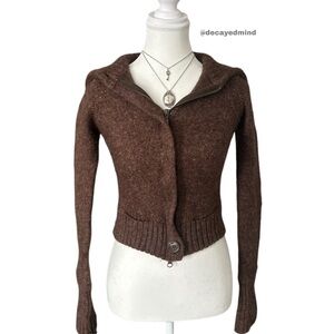 Y2K “Smartset” Brown Wool Knit Cropped Long Sleeve Zip-up Sweater